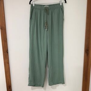 Harmony & Havoc Linen Blend Wide Leg Pants Women Medium Green Tassel | Coastal